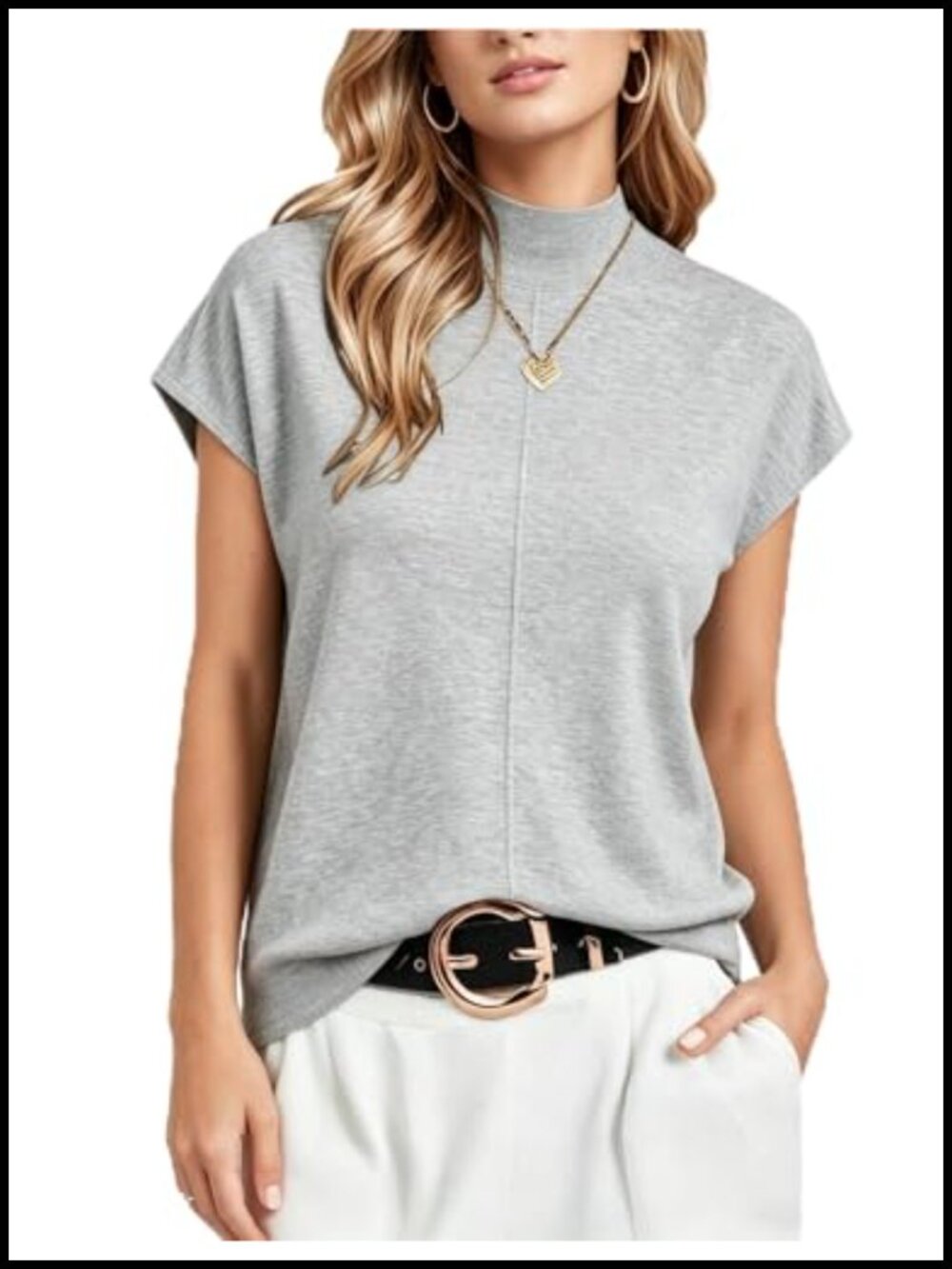 Women's Mock Neck Boxy Pullover Top Short Sleeve Ribbed Turtleneck Sweatshirt